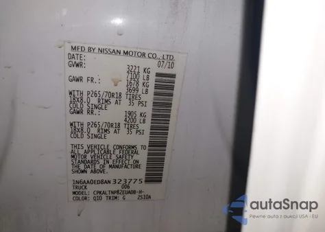 2010 Nissan Titan Se из США, поврежденный, VIN 1N6AA0ED8AN323775